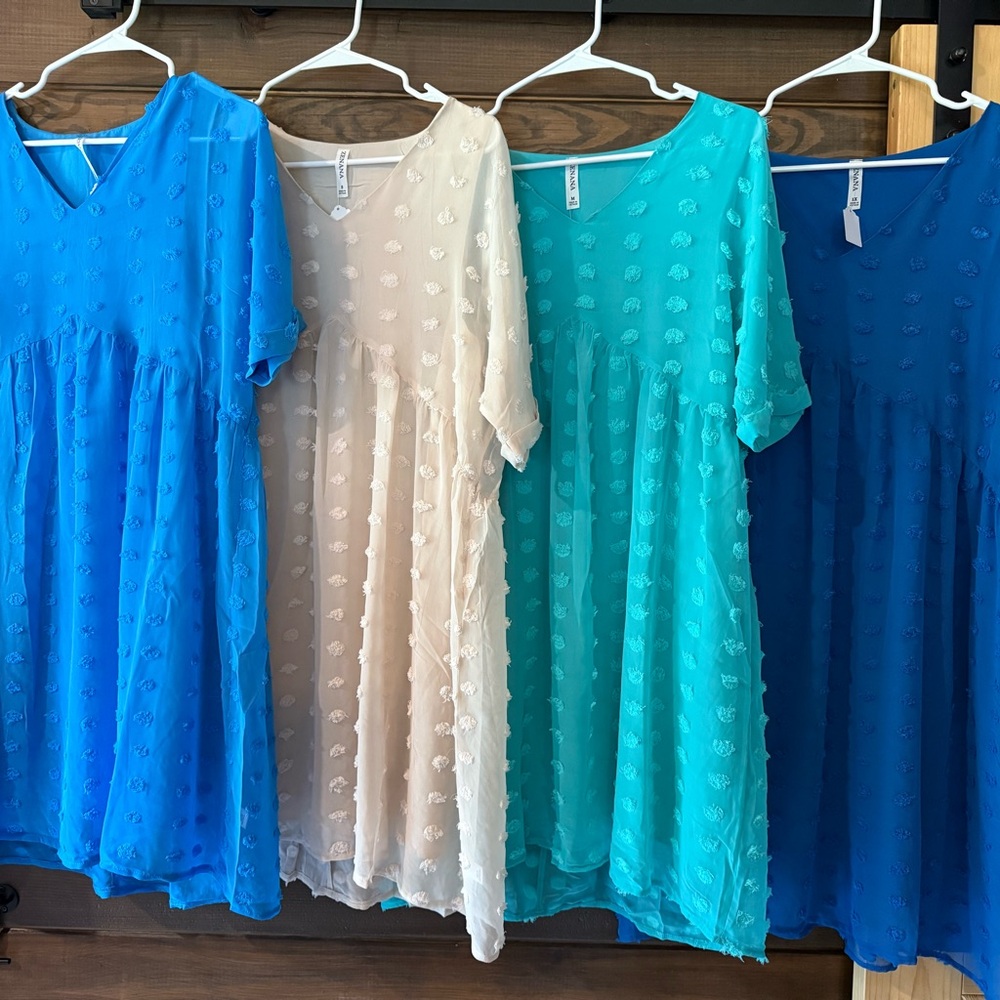 Chiffon Dresses in Blue, Cream, Turquoise and Dark Blue